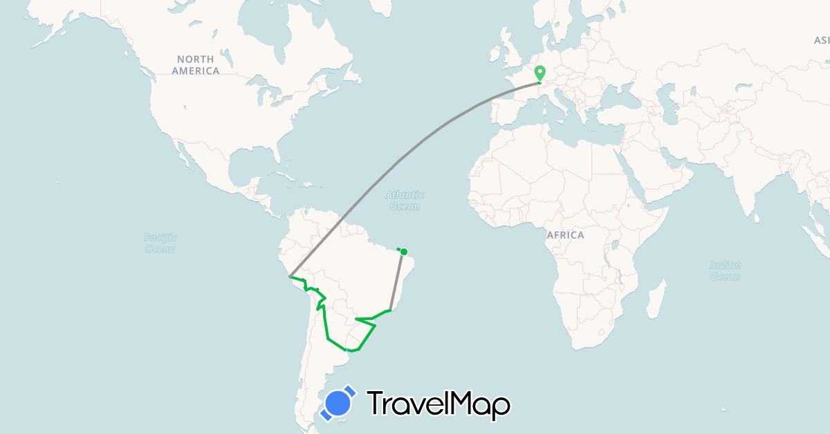 TravelMap itinerary: driving, bus, plane, cycling, train, hiking, boat in Argentina, Bolivia, Brazil, Switzerland, Peru, Uruguay (Europe, South America)